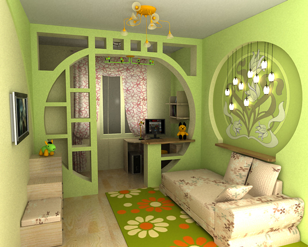 Комбинация желтого и зеленого цветов объединяет зонированное пространство комнаты